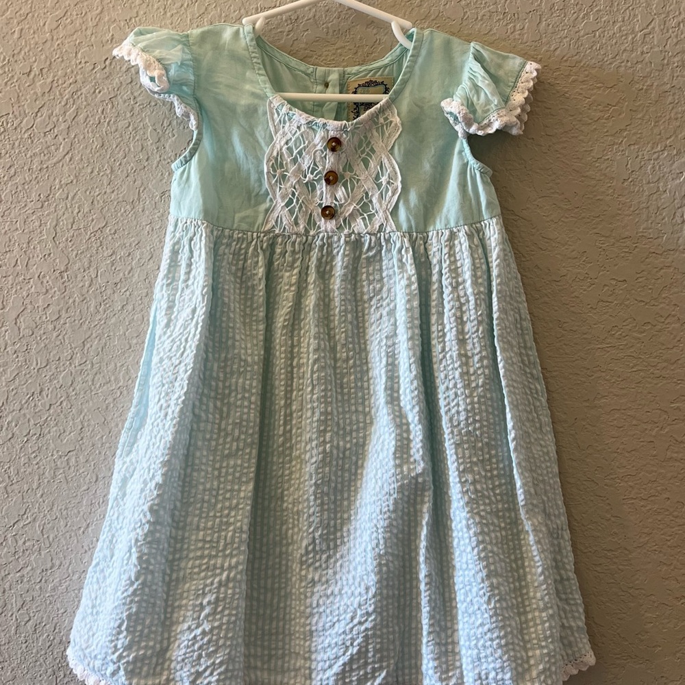 Seersucker teal and white dress 3T